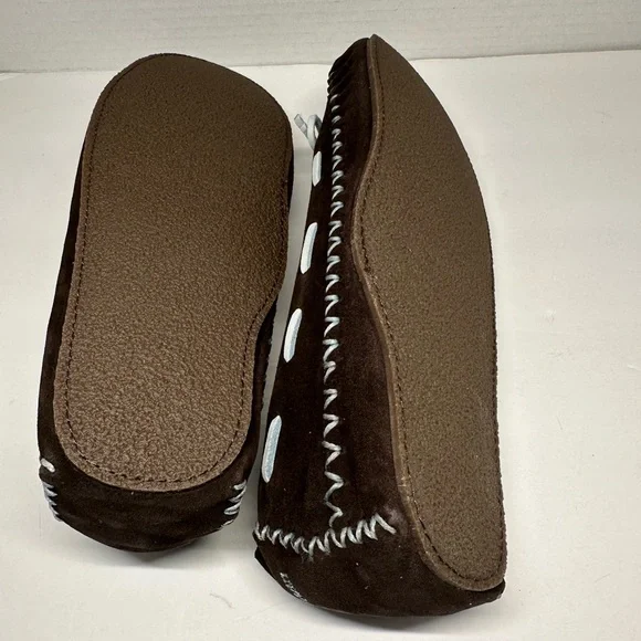 L.L. Bean Hearthside Chocolate Brown Suede Moccasin Slippers with Blue Accents - Picture 5 of 7